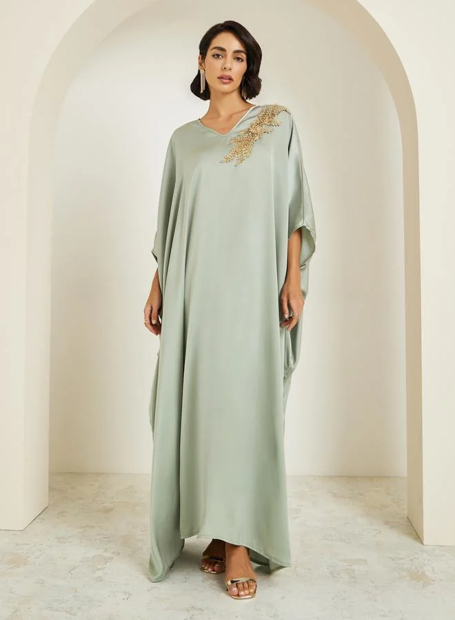 Amirah Women Green Embellished Satin Kaftan